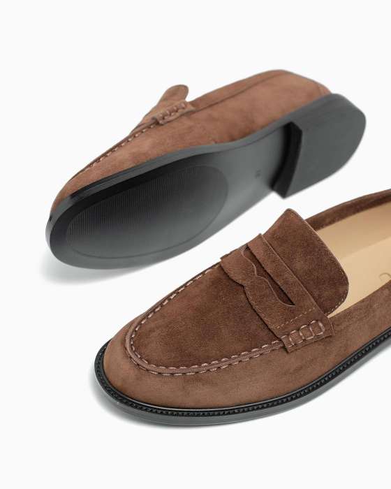 Лоферы ROU строчка замшевые коричневые