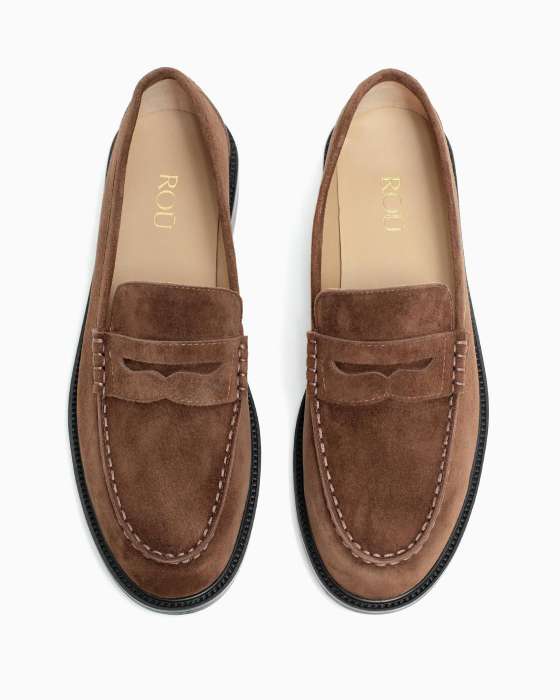 Лоферы ROU строчка замшевые коричневые